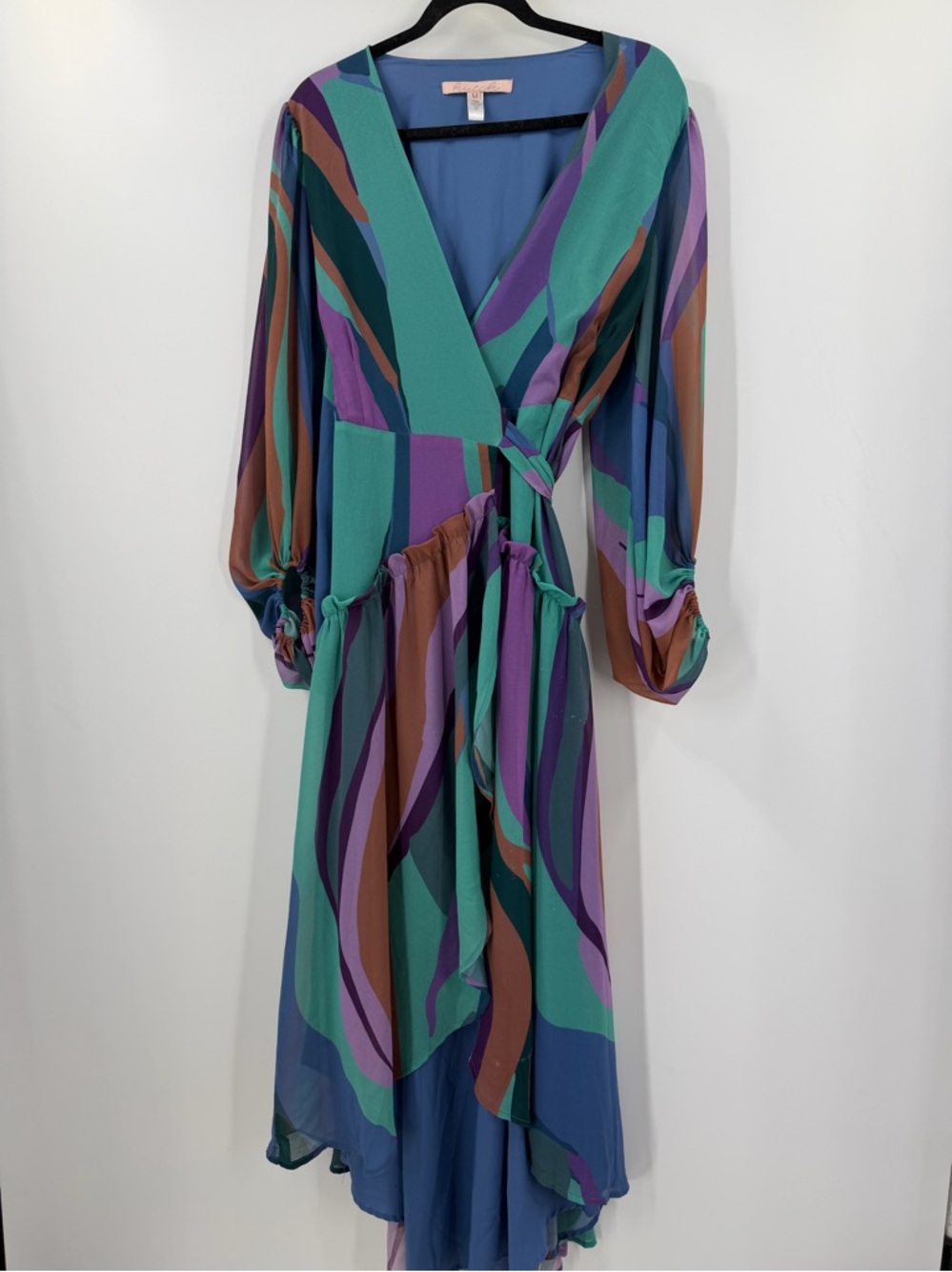 Hutch Multicolor Striped High-Low Wrap Dress in Teal, Purple & Brown Size M - Picture 2 of 14